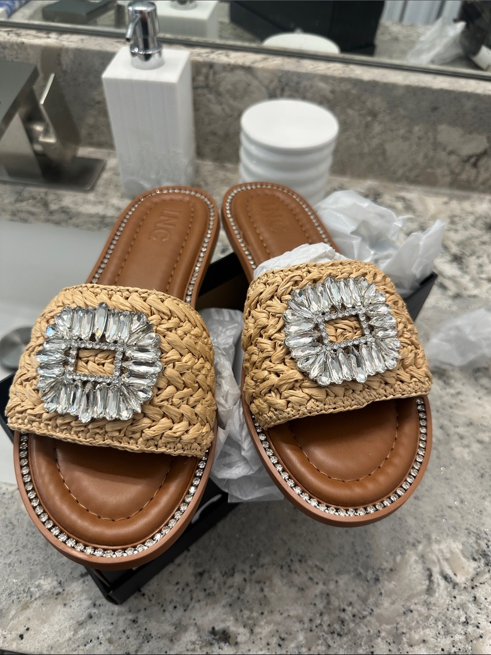 NEW INC  International Concepts Tan Braided Slide Sandals with Crystal Buckle